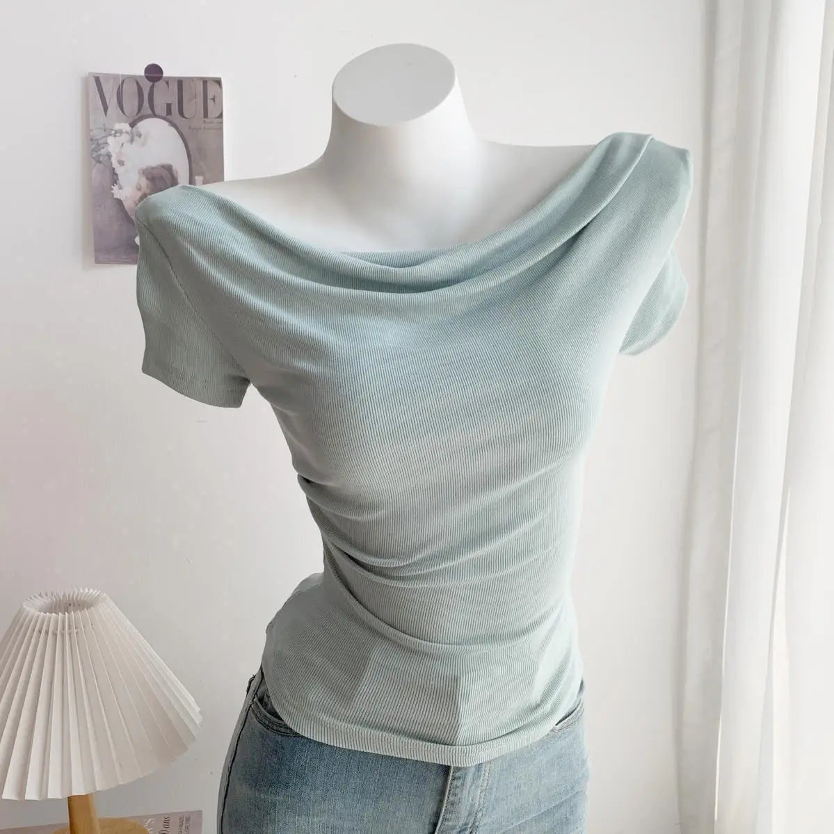 Summer Short Sleeve T-Shirt Shoulder Bared Open Neck Irregular Pleated Korean Style Slim Fit Pure Color Modal Fabric Ladies Top