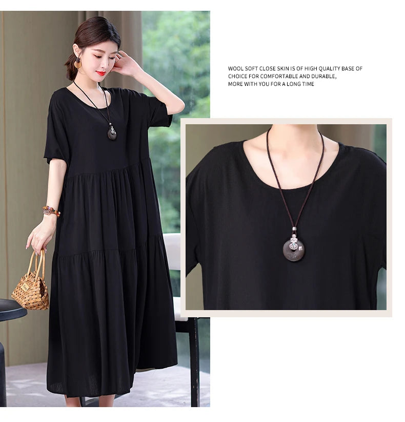 New Fashion 2023 Causal Summer Dresses For Women Loose Solid Long O-neck Dress Vintage Short Sleeve Womens Clothing