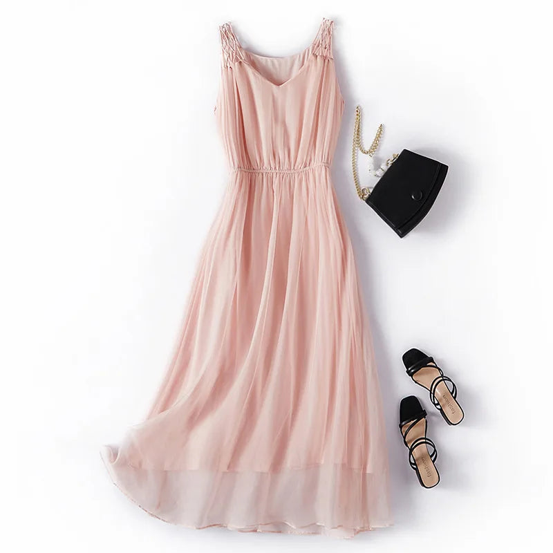 100%Real Silk Elegant Dresses, Women Sleeveless Elastic Waist, Beach Vacation Fairy Dress, 2024 Summer Fall