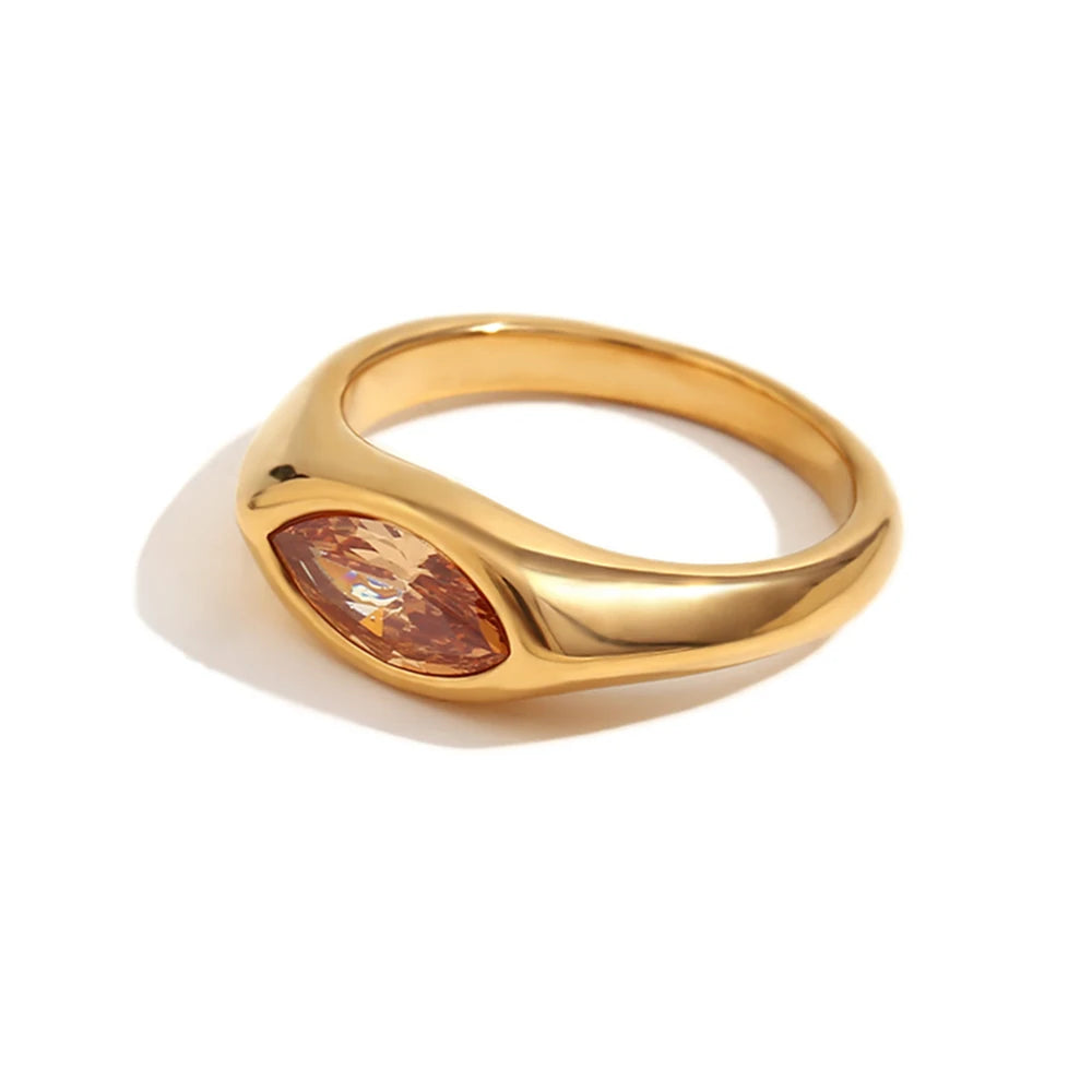 E.B.Belle Horse Eye Zircon Seal Ring 316L Stainless Steel Hypoallergenic 18K Gold Plated For Women