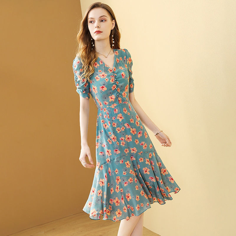 Women's Summer Floral Chiffon Lotus Leaf Dress 2021 New Fashion Print Temperament Belt Chic Female Dress Vestido Feminino Dress