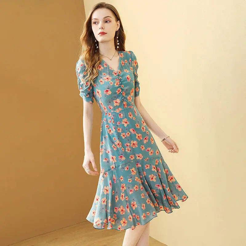 Women's Summer Floral Chiffon Lotus Leaf Dress 2021 New Fashion Print Temperament Belt Chic Female Dress Vestido Feminino Dress