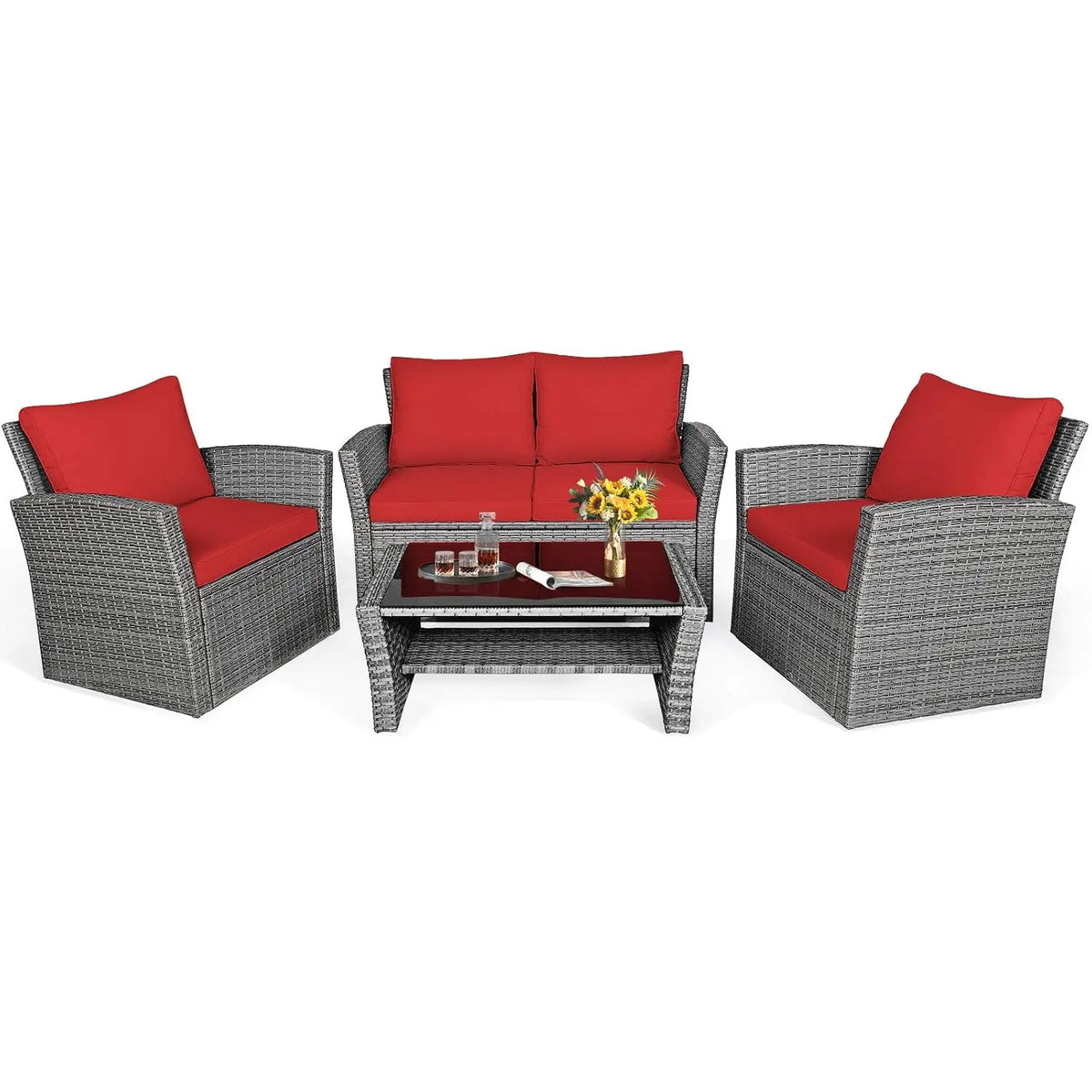 4-Piece Outdoor Rattan Patio Furniture Set with Cushions & Table