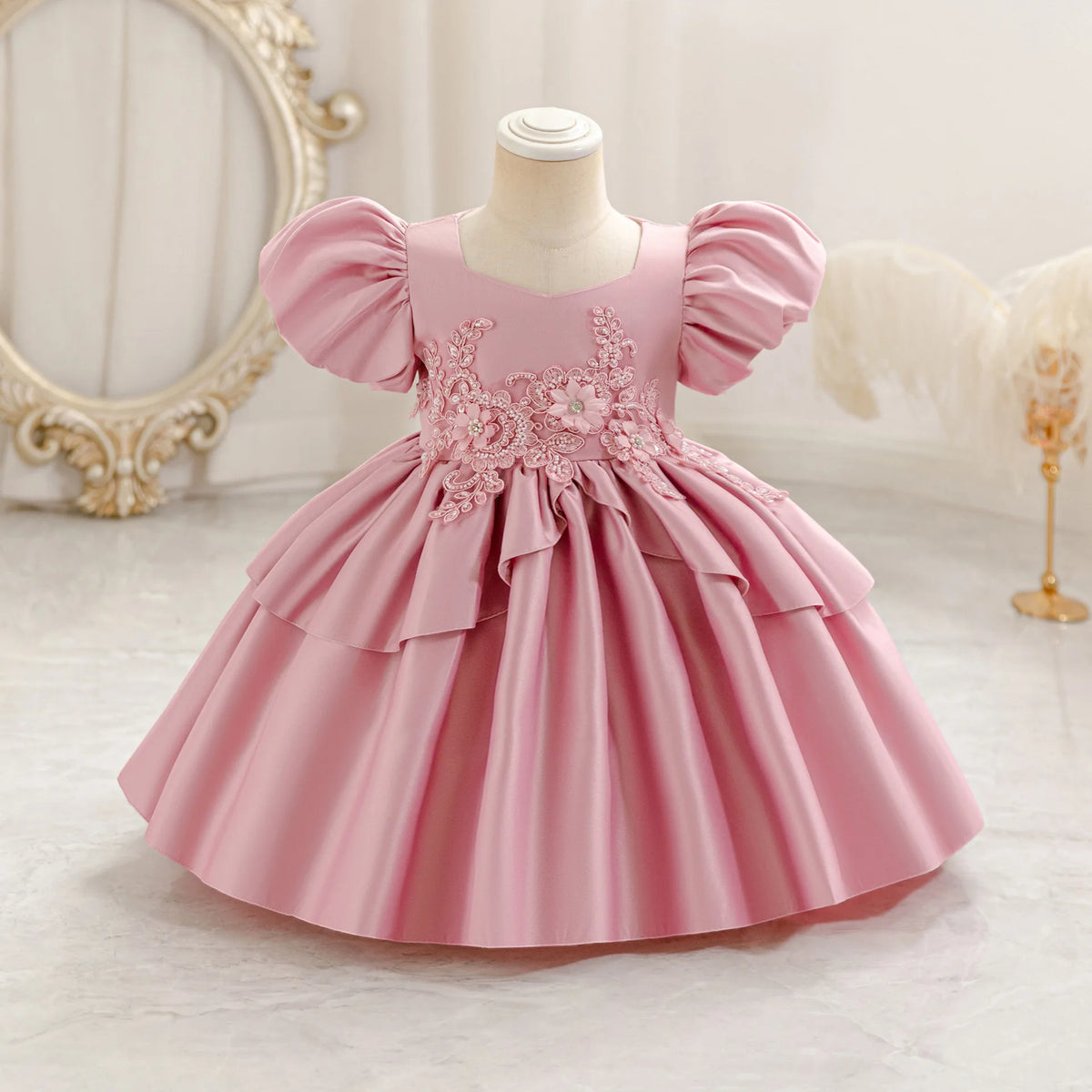 HETISO Baby Girls Appliques Flower Solid Satin Princess Fashion Dresses Ball Gown for Party Birthday New Year 6M-4 Years
