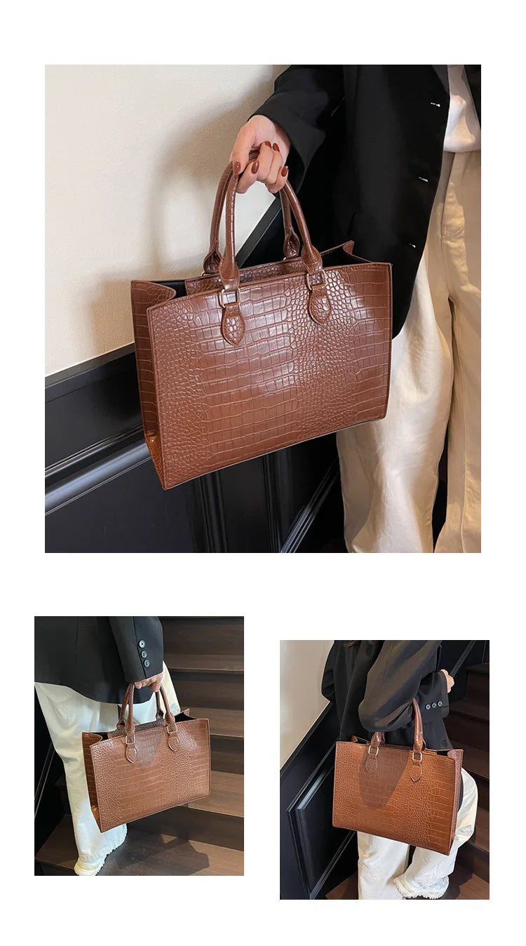 Spring 2025 Large Capacity Fashionable Handbag Casual Commuting Trendy Crocodile Pattern Tote Bag Street Style PU Material