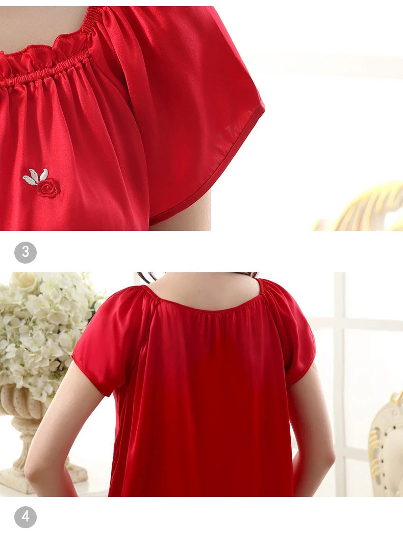 Women's 100% Mulberry Silk Sleep Dress Short Sleeve Summer Spring New Arrival Loose Solid Color Embroidered Doll Sleepwear