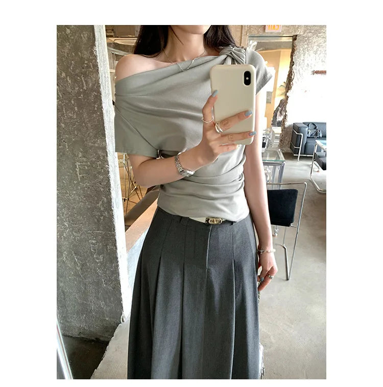 Slim Fit Short Sleeve T-Shirt Women Summer New Style Shoulder Bared Neckline Gathered Waist Elastic Band Casual Style Top