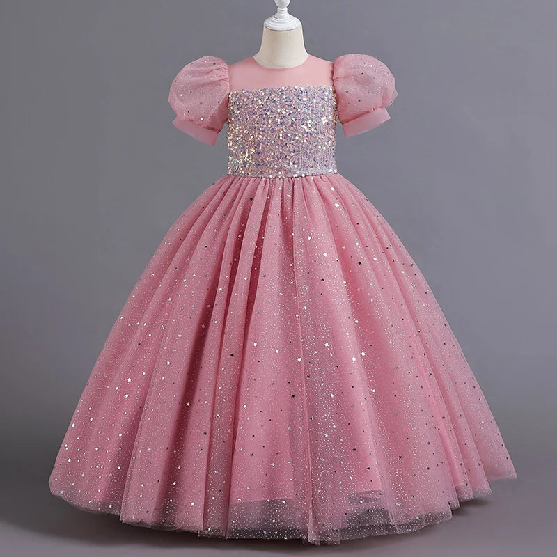 Girls Princess Sequin Bubble Sleeve Long Mesh Flower Dress – Wedding & Summer Party