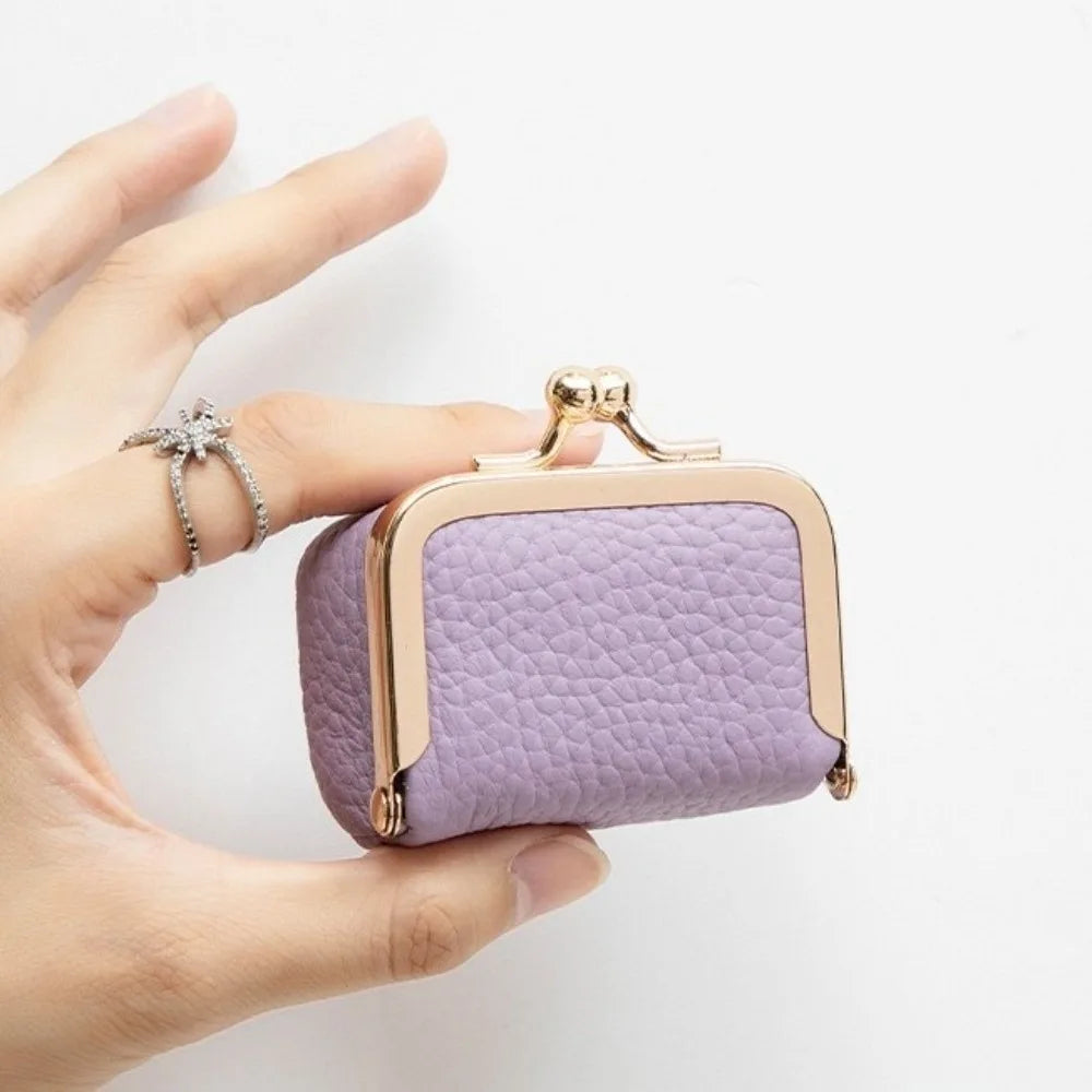 Wallet Genuine Leather Kiss Lock Coin Purse Solid Color Square Leather Jewelry Bag Multifunctional Mini Small Item Bag Earrings