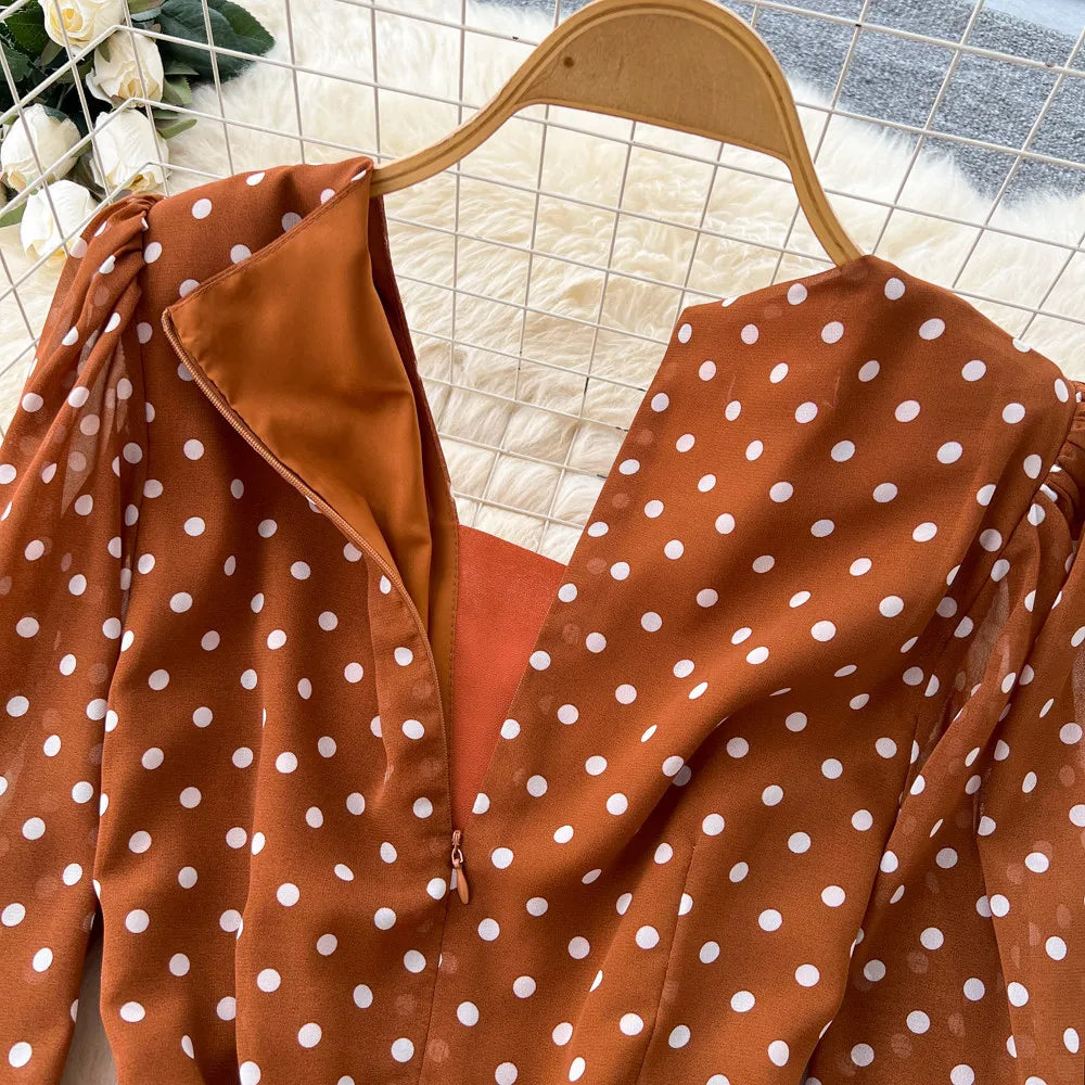Long Dress Women Dresses Print Dot Vestidos Y2k Streetwear V Neck Lantern Sleeve Tight Waist Elegant Party Work 2026 Summer