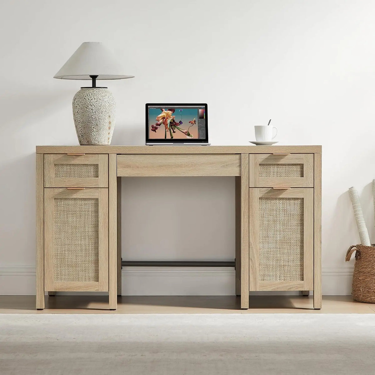 Rattan Desk with Storage, 52" Computer Table with 3 Drawers & 2 Cabinets, Writing Desk for  Study Living Room, Customized