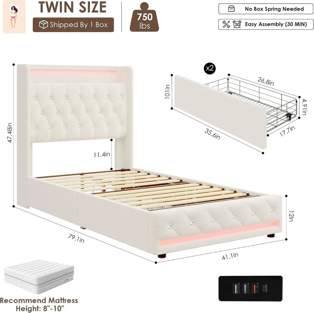 2 Set Upholstered Twin LED Bed Frames w/Storage & Charging Headboard, Beige | Velvet Crystal Button-Tufted Princess Twin Size