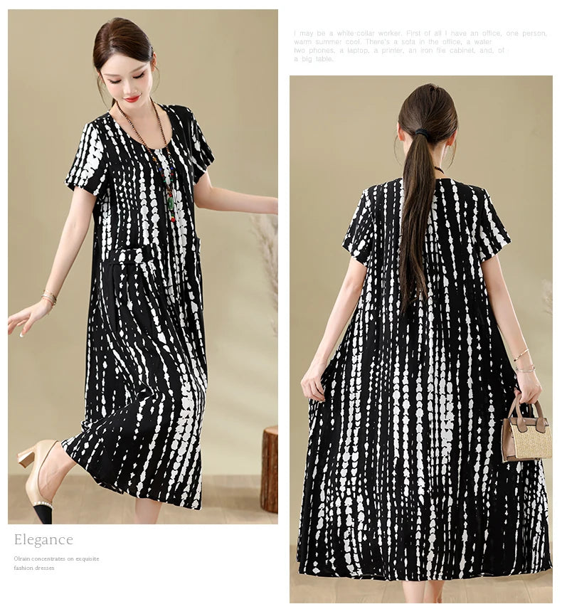 New Fashion Casual Summer Dresses For Women 2026 Loose Plus Size Clothes Elegant printting O-neck Short Sleeve Woman Clothing