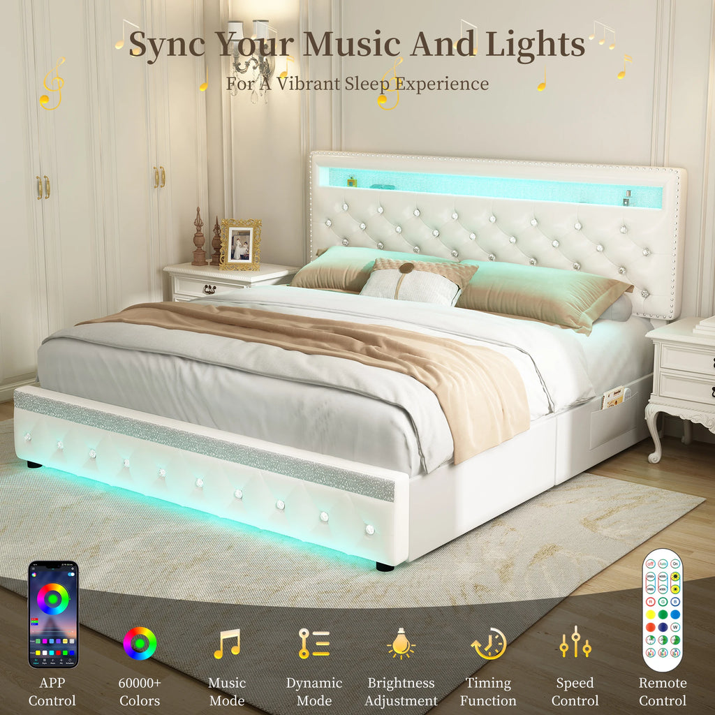 SIBEDS Queen Upholstered Platform Bed Frame with LED Lights and 2 Storage Drawers, Crystal Button Tufted Headboard, Height Adjustable Design, Side Pockets, Solid Slats Support, No Box Spring Needed