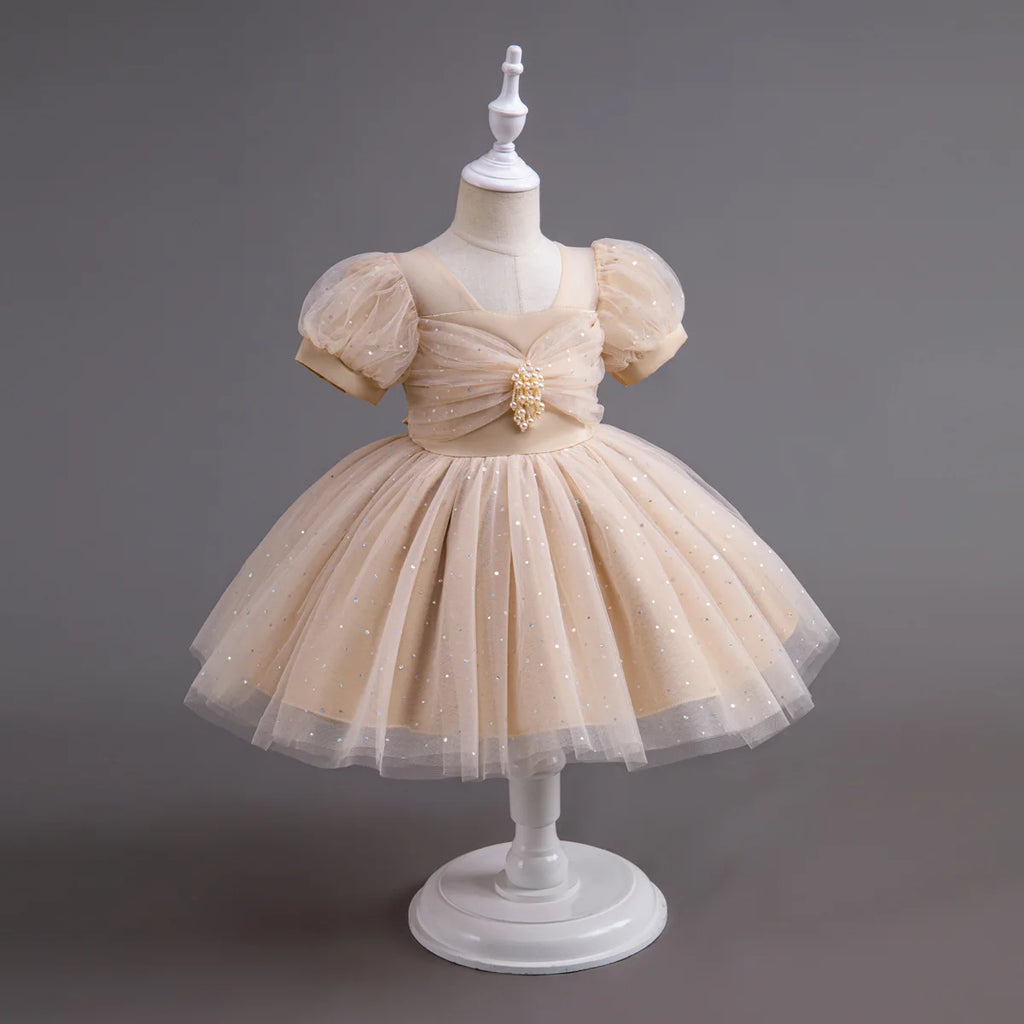 HETISO Pearls Bowknot Kids Girls Dresses Summer Tulle Vintage Elegant Princess Party Gown Children's Gift