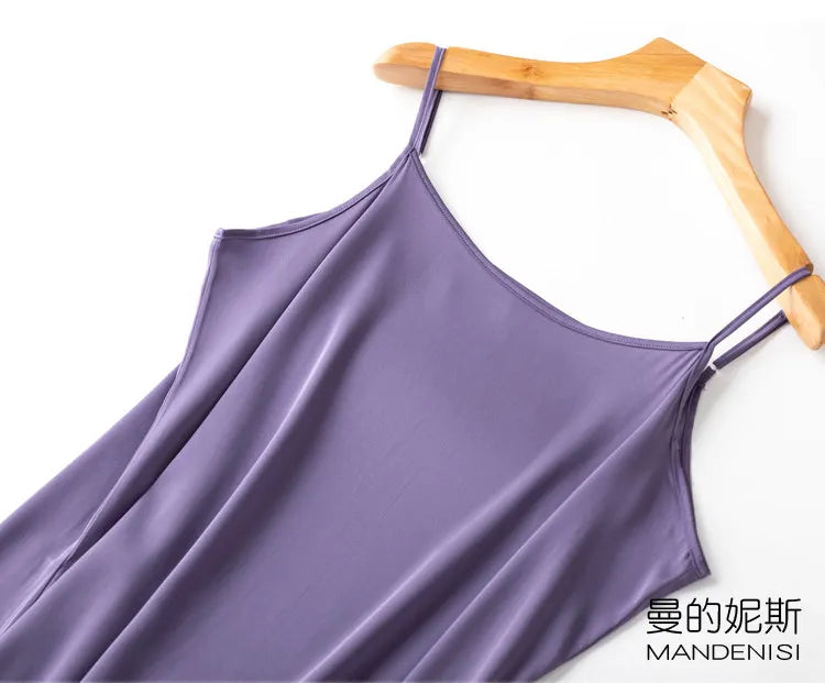 Tcyeek Women Silk Dress 93%Silk 7%Spandex Spaghetti Strap Mid Dresses 2024 Summer New Clothes Blue