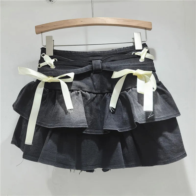 Denim Cake Skirts Women Short Skirt A Line High Waist Slim Fit Elegant Splice Y2k Streetwear Work Bow Sweet 2026 Summer