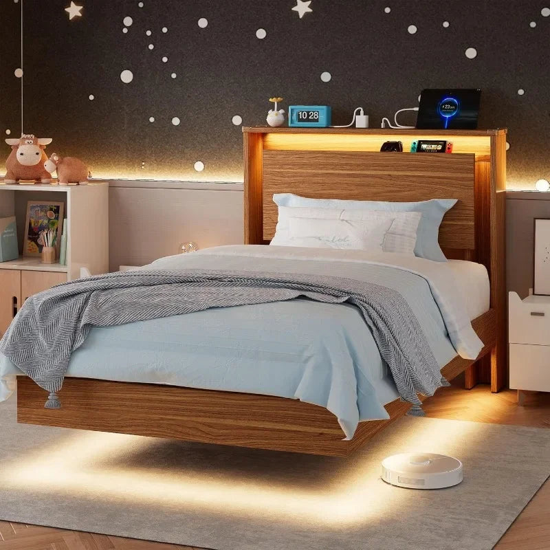 Einhomn King Size Bed Frame with LED Lights & Charging Station – Wood Floating Bed Frame with Storage Headboard, Adhesive Slats