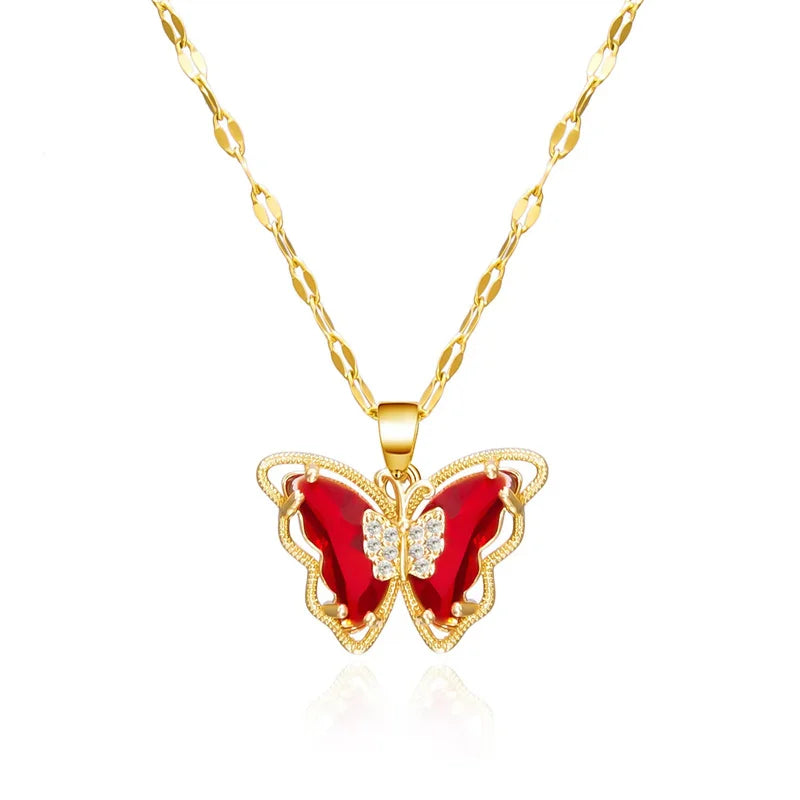 (Titanium Steel) Gorgeous and Stylish Hollow Titanium Steel Butterfly Necklace with Crystal Drop Decoration for Women