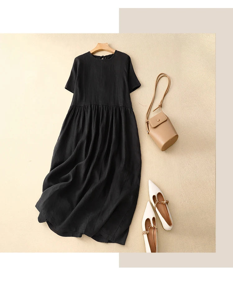 Korean Style Summer Fashion Solid Color Simple Basic Cotton Linen Dress for Women Good Quality Half Sleeve Elegant Frock Female