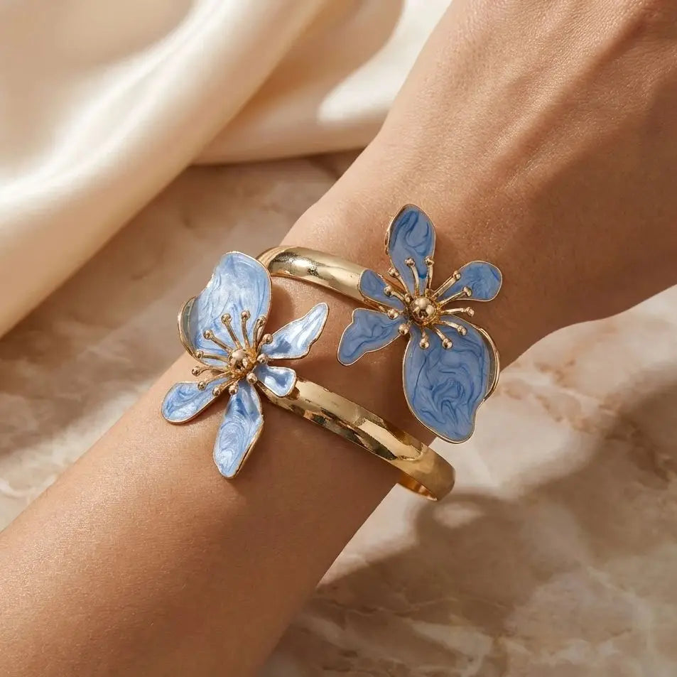 Elegant Enamel Flower Open Cuff Bracelet For Women'S Gold Plated Metal Pink White Blue Floral Bangles Beach Vacation Jewelry