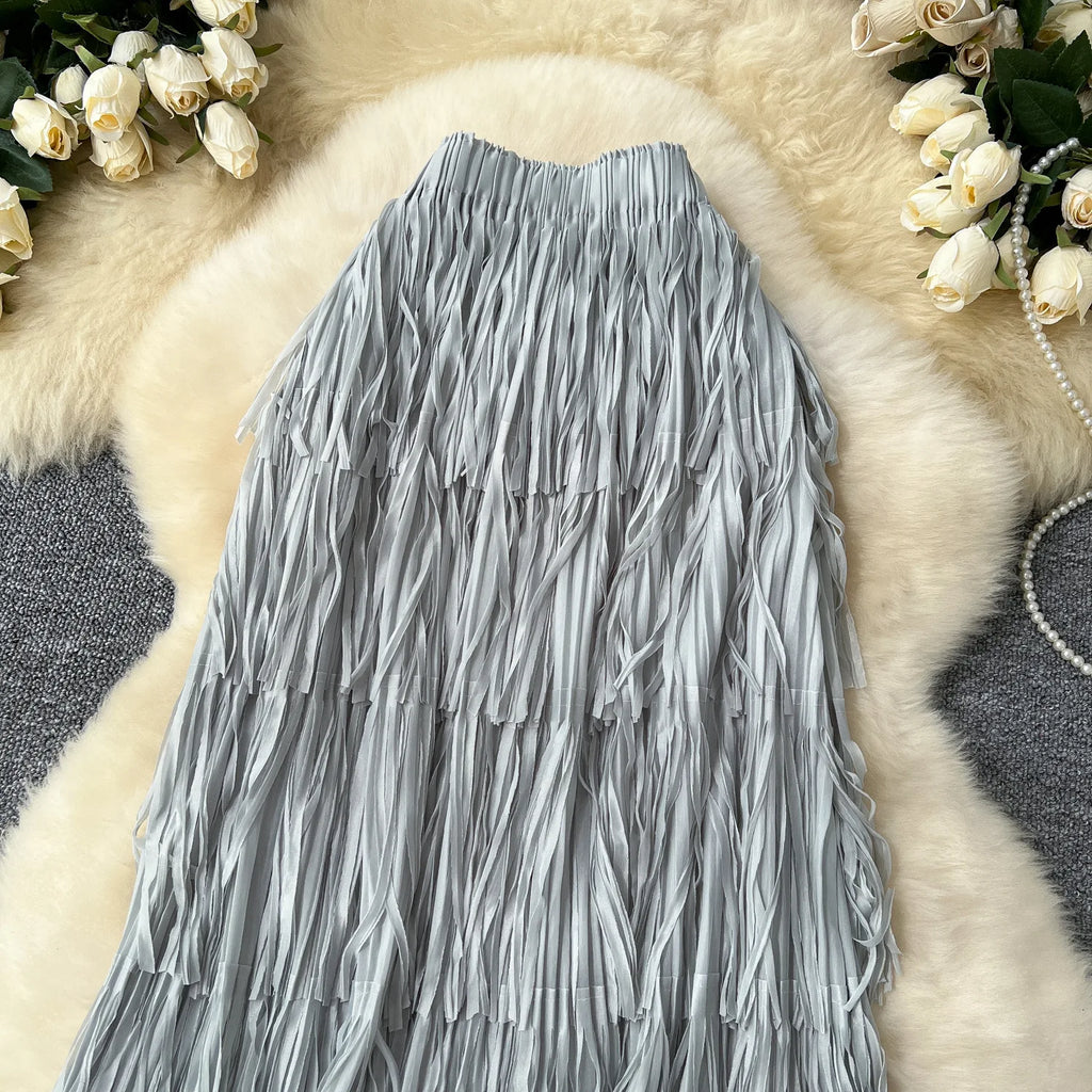 New In 2026 Spring Summer Tassel Midi Long Skirt For Women Trendy High Waist Streetwear Casual Skirts