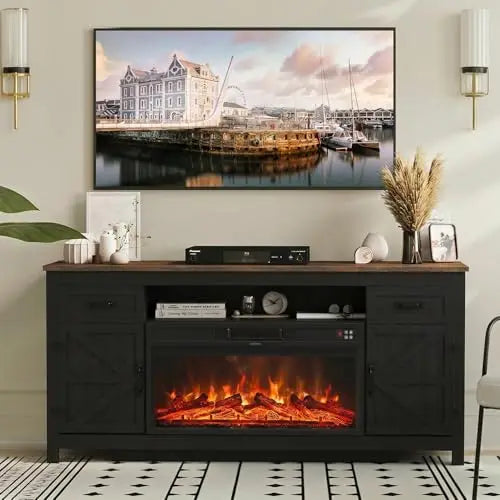 Fireplace TV Stand, 70" Farmhouse TV Stand with Barn Door for 80" TVs, Entertainment Center with Black Fireplace &