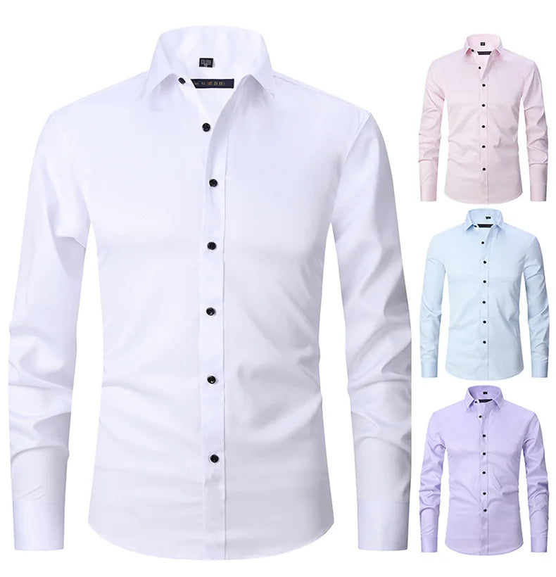 Men's Long Sleeved Slim Fit Elastic Shirt and Non Ironing Black Shirt Men's Solid Color Versatile Business Inch Men's Clothing