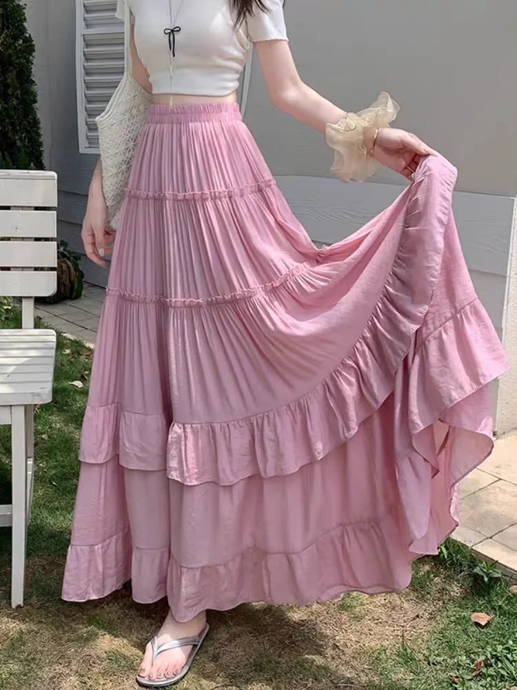 White Tiered Ruffle Hem Skirt 2025 - High Waist Flowy A-Line Maxi Skirt, Summer Chiffon Layered Skirt with Pleats