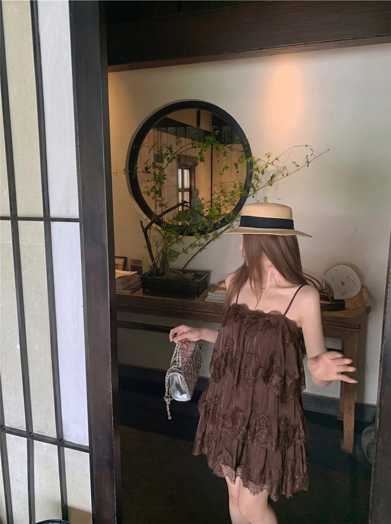 Sexy Splice Lace Heavyweight Strapless Vest Dress Loose Waist Spring Summer Autumn Sleeveless Backless City Commute Daily A-L...