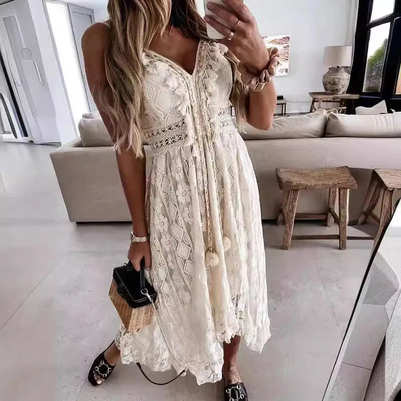 Ladies Dress A-line Lace Embroidery Design V-neck Sleeveless Mid Waist Slim Solid Color Simple Elegant Fresh Retro Sling Dress