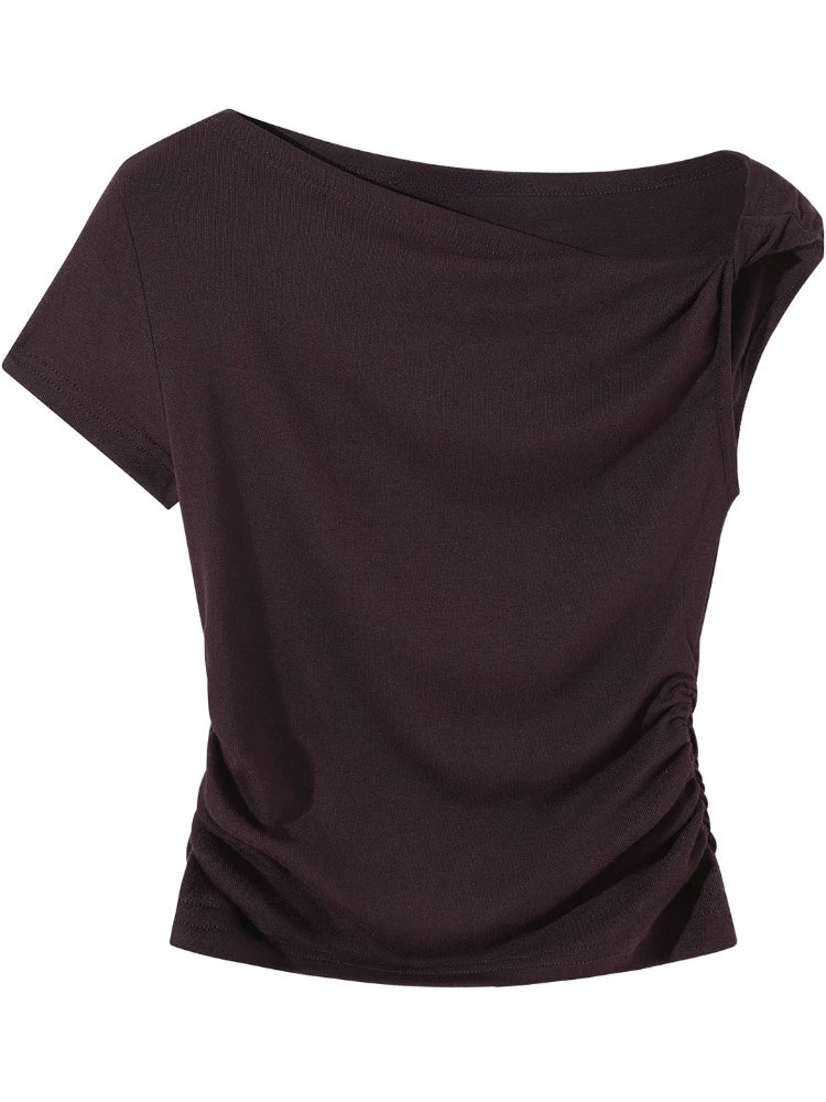 White Diagonal Shoulder Short Sleeve Crop Top 2026 Summer Solid Waist Pleated Women T-shirt Korean Style Minimalist Slim Tee