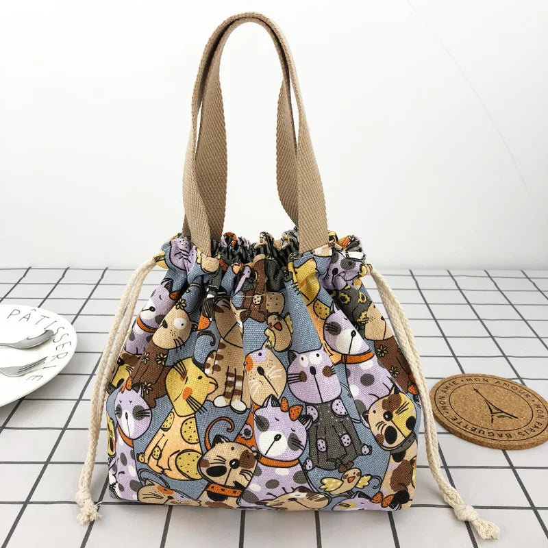 Bolsa de almuerzo de lona con cordón con diseño de anime de dibujos animados japonesa, bolsa plegable para dos fiambreras