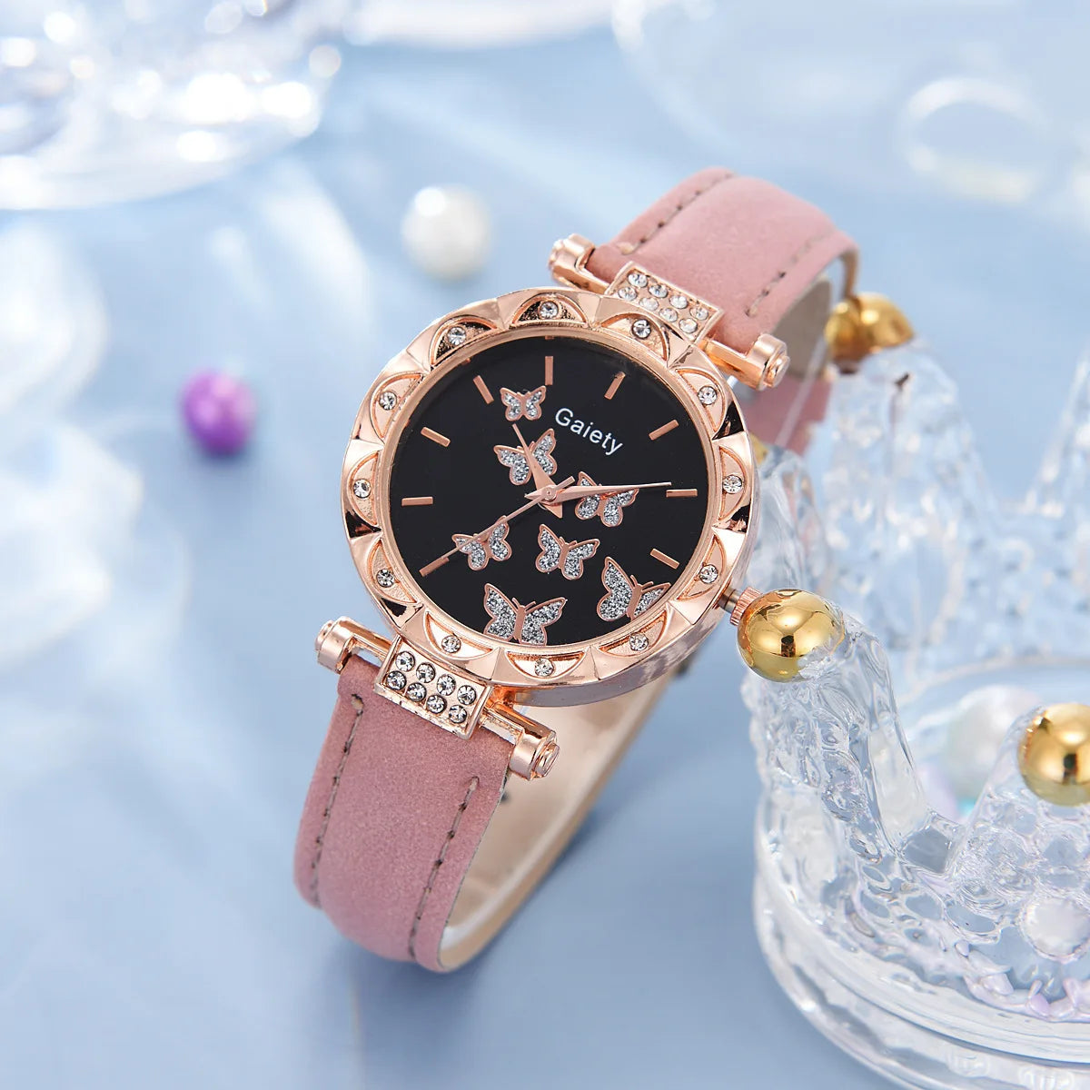 Butterfly Jewelry Set For Women Elegant Leather Watch Ring Necklace Earrings Bracelet Wedding Gift