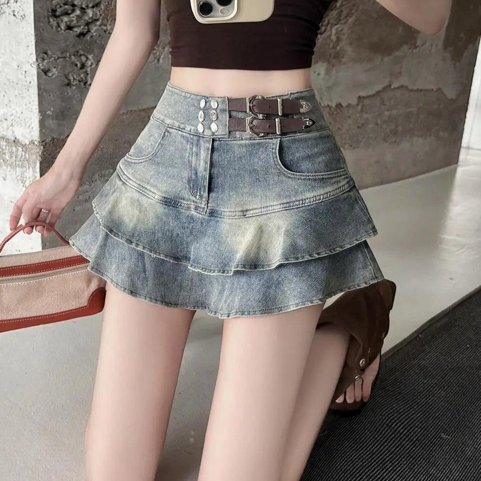 2026 American Pure Desire Spicy Girl Design Elastic Denim Skirt Half-length Pleated Cake Skirt Short Commute High Elasticity