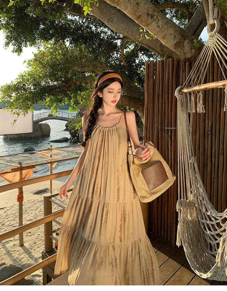 Summer Breeze New Style Folded Hem Strap Dress French Vacation Cool Neck Hanging Skirt Long A-Line Gown round Neck Sleeveless