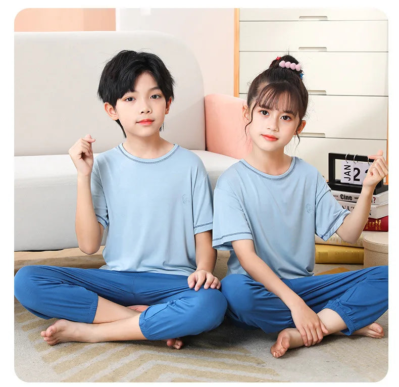 Teenage Boy Pajamas Summer Girl Short Sleeve Children's Clothing Sleepwear Silk Cotton Pyjamas Sets For Kids 4 8 9 12 13 14Years