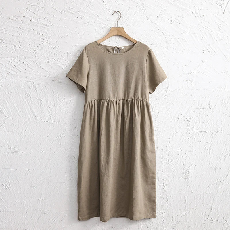 Women Cotton Linen Midi Dresses Summer Chic Female Vestidos Loose A-Line Dress Short Puffy Sleeve Casual Sundress