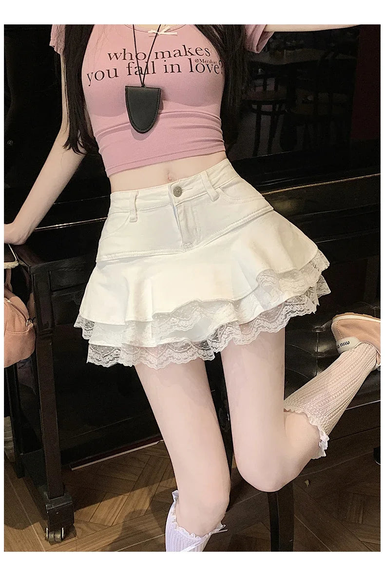 Summer Denim Skirt Women Fashion Streetwear Ruffles Kawaii Lace Skirts Shorts Preppy Mini Y2K School Pleated Jeans Skirt 2026