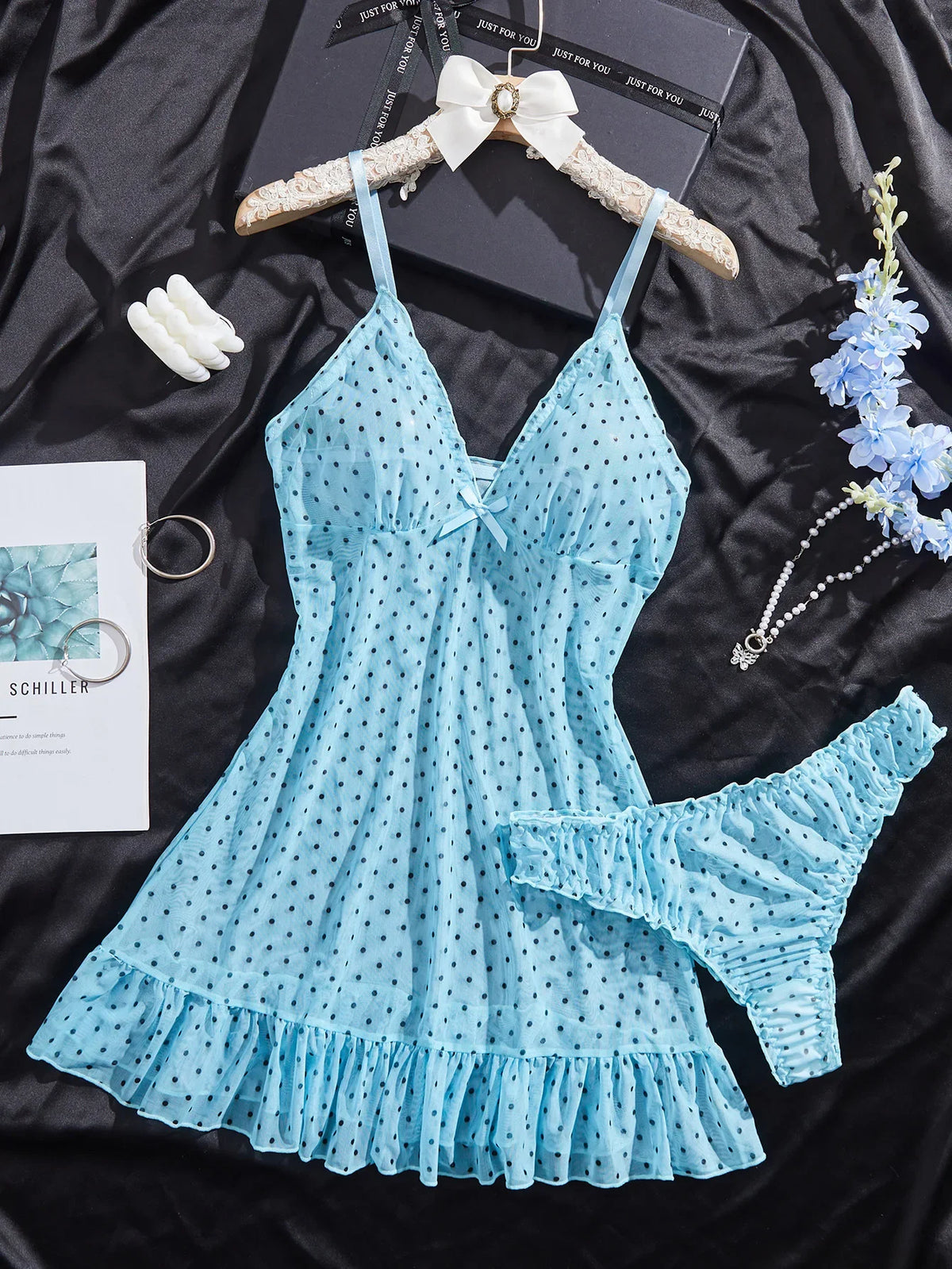 Polka Dot Mesh Babydoll Lingerie Set Strap V Neck Ruffle Hem Bodycon Dress Women's Butterfly Knot Cross Border Sheer Dress