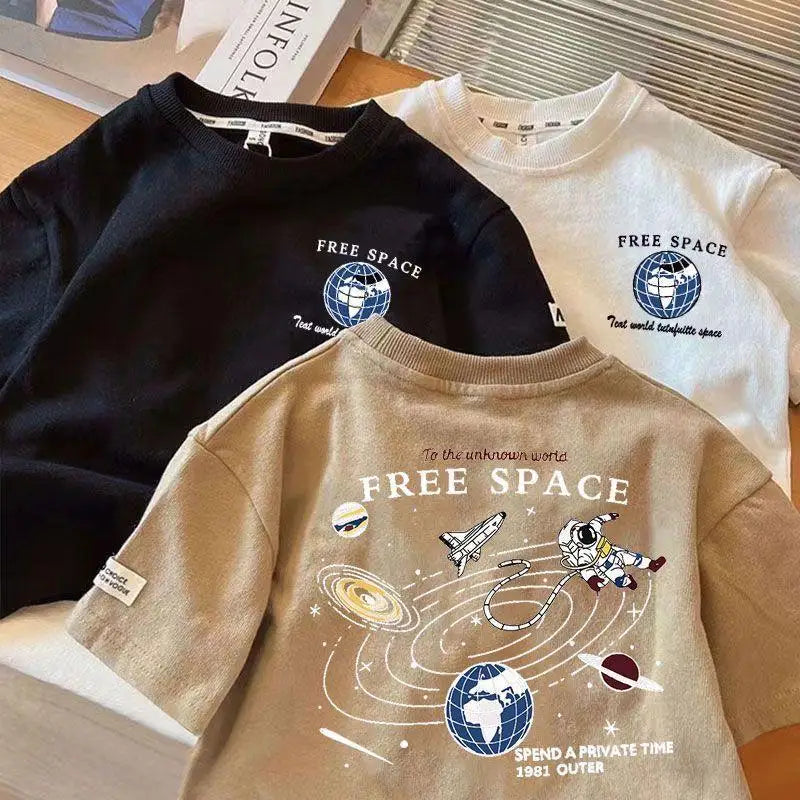 Kids Space Pattern T-Shirt Short Sleeve Crewneck Cotton Blend