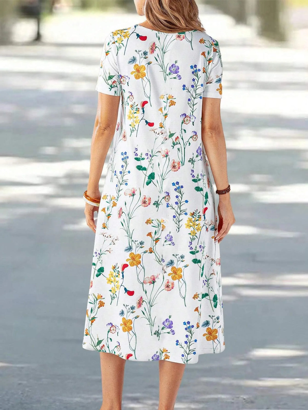 V-Neck T-Shirt Dress - Ankle-Length Short Sleeve Polyester Casual