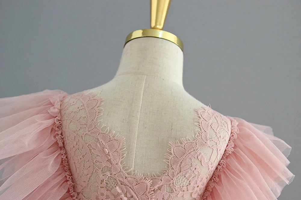 HETISO Summer Girls Birthday Dresses Pink Lace Formal Event Costumes Kids First Communion Gown Flower Wedding Dress 1-6T