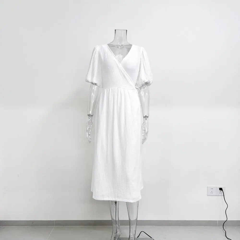 Long Dress Women Dresses Vestidos Lace Up V Neck Puff Sleeve Solid High Waist Female A Line Office Lady Summer 2025 Maxi Gown