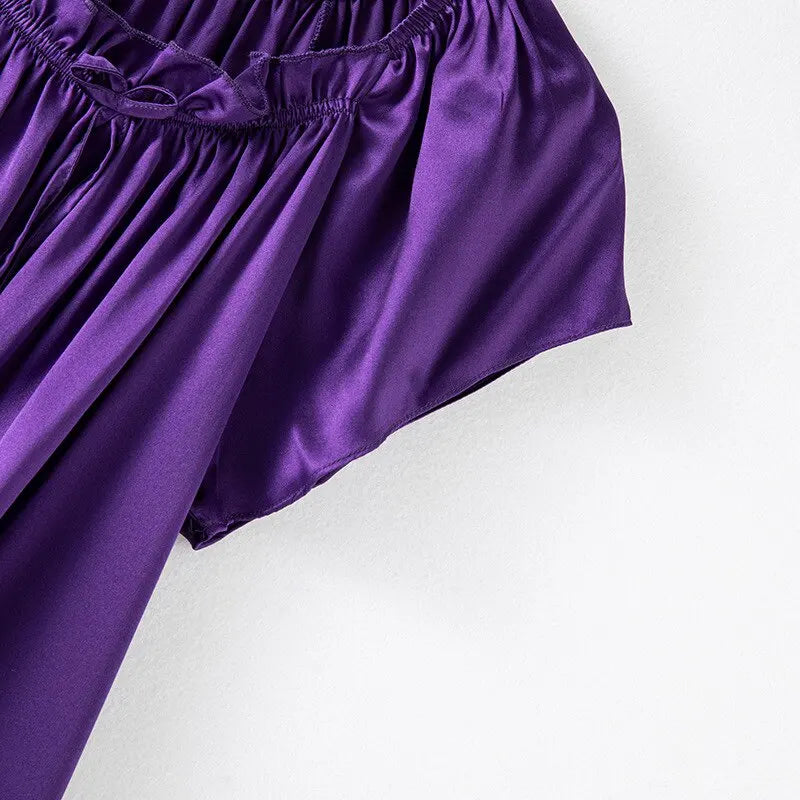 Loose 100%Silk Short Sleeve Nightgown, Summer Medium-long Satin Sleepwear Woman