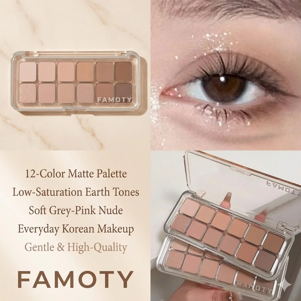 12-Color Low Saturation Eyeshadow Palette All Matte Tea Apricot Eye Makeup Palette Daily Earth Makeup Long Lasting Eye Shadows