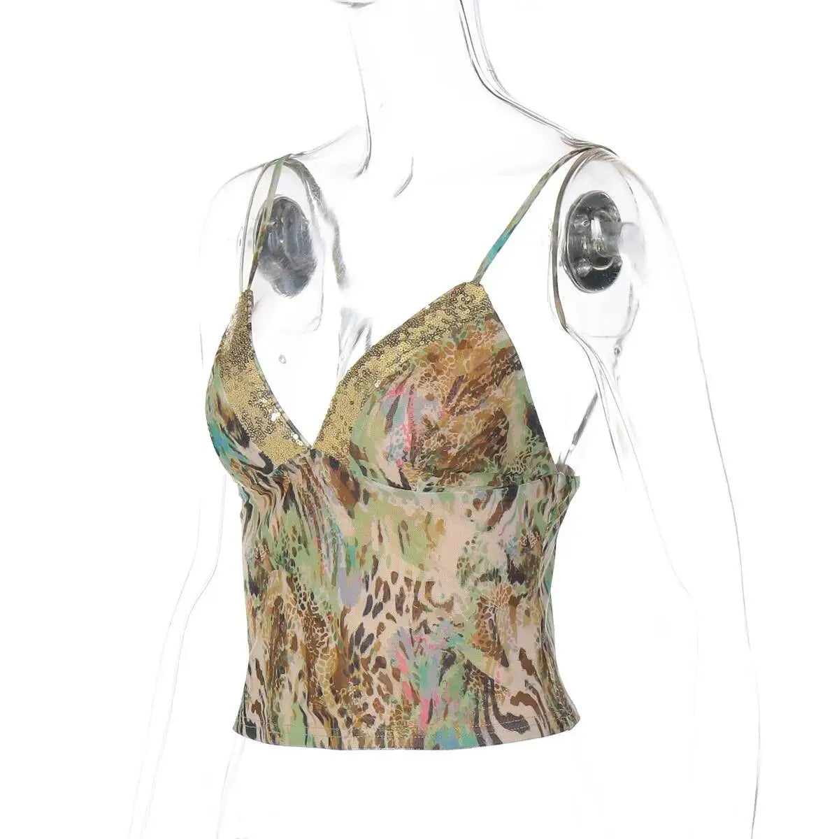 Avrilyaan Sequin Patchwork Deep V Printed Crop Top Women Slim Summer Street Party Top