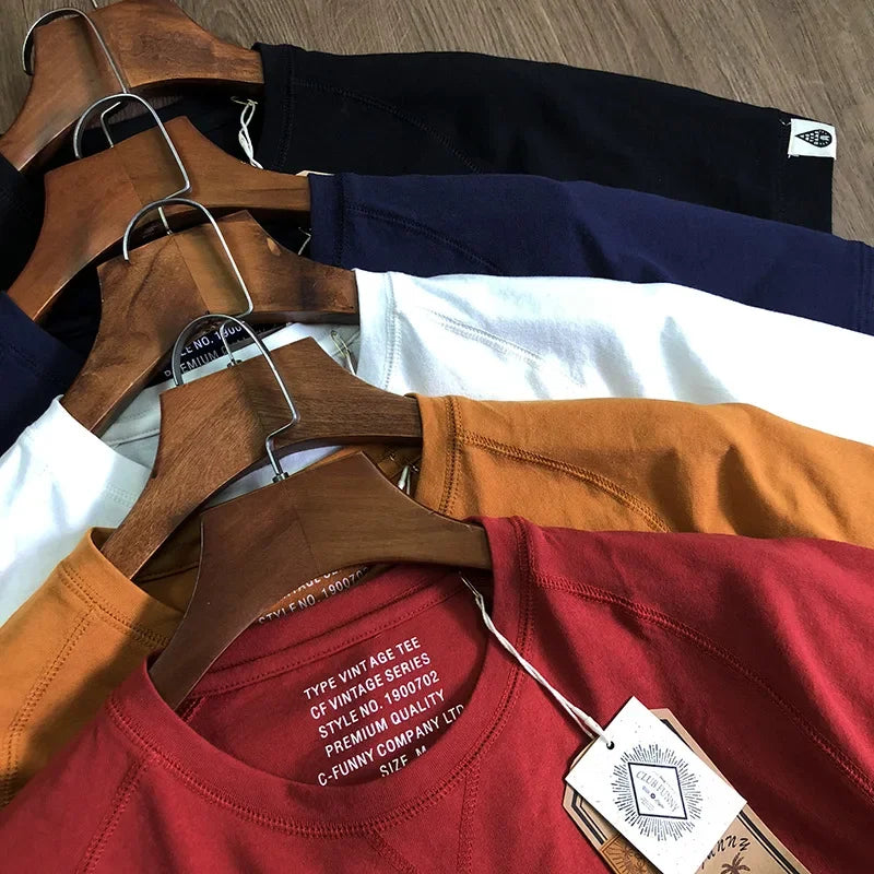 220gsm Heavyweight 100% Cotton Raglan Sleeve T-shirt Men's Short Sleeve Japanese Retro Loose Round Neck Summer T-shirt Tees Tops