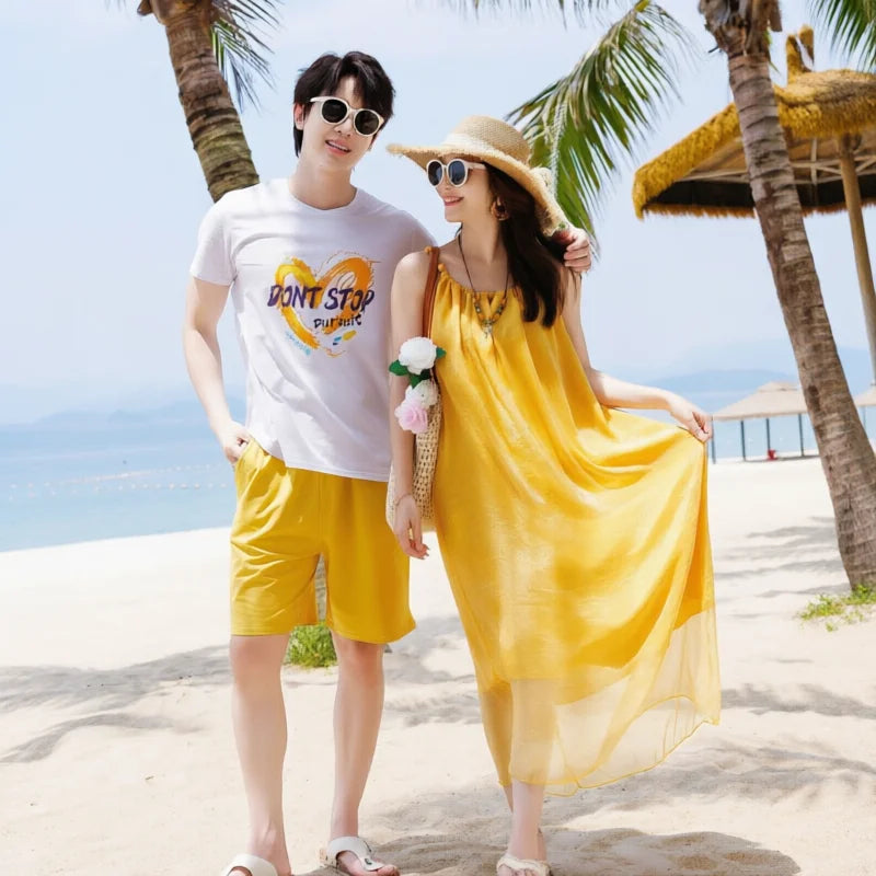 Vacation Family Matching Outfit Beach Mother‑Daughter Girls Yellow Maxi Dress Father‑Son Tops Shorts Sets Holiday Couple Clothes