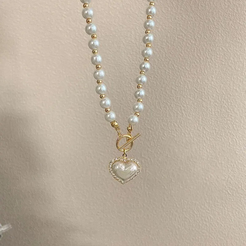 Elegant Pearl Necklace For Women'S Heart Pendant Necklaces Luxury Imitation Pearls Chain Necklaces Korean Jewelry Girls Gifts